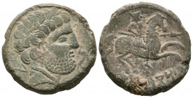 CONTEBACOM BEL (Botorrita, Zaragoza). As. (Ae. 12,64g/26mm). 120-80 a.C. (FAB-861 var). Anv: Cabeza masculina a derecha, delante delfín, detrás letra ...