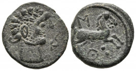 CUELIOCOS (Zona alta del Ebro). Semis. (Ae. 4,93g/19mm). 120-20 a.C. (FAB-871). Anv: Cabeza masculina barbada a derecha, delante delfín. Rev: Caballo ...