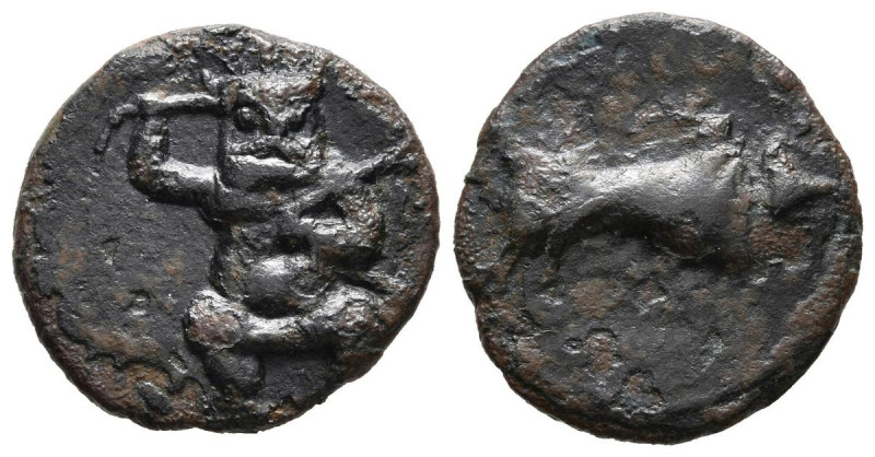 EBUSUS (Ibiza). 1/4 Calco. (Ae. 2,31g/16mm). 200-100 a.C. (FAB-923). Anv: Bes co...