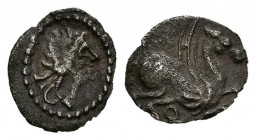 EMPORION (Ampurias, Gerona). Hemitrietartemorion (Ar. 0,13g /6mm). 450-400 BC (FAB-1197). Anv: cabeza femenina con tocado a izquierda; Rev: Pegasus vo...