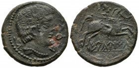 ERCAVICA (Cañaveruelas, Cuenca). As. (Ae. 12,36g/28mm). 120-20 a.C. (FAB-1275). Anv: Cabeza masculina a derecha, detrás arado, delante delfín y letras...