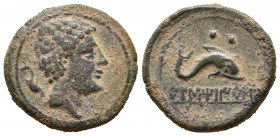 EUSTIBAICULA (Zona de Vic). Sextante. (Ae. 5,40g/21mm). 120-20 a.C. (FAB-1296). Anv: Cabeza masculina a derecha, detrás delfín hacia abajo. Rev: Delfí...