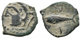 GADES (Cádiz). 1/8 Calco. (Ae. 1,26g/15mm). 200-100 a.C. (FAB-1323 var). Anv: Cabeza de Melkart a izquierda con piel de león. Rev: Atún a izquierda, e...