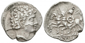 ICALCUSCEN (Iniesta, Cuenca). Denario. (Ar. 3,73g/18mm). 120-20 a.C. (FAB-1396). Anv: Cabeza masculina a derecha. Rev: Jinete con rodela y clámide a i...