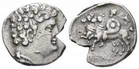 ICALCUSCEN (Iniesta, Cuenca). Denario. (Ar. 3,73g/18mm). 120-20 a.C. (FAB-1396). Anv: Cabeza masculina a derecha. Rev: Jinete con rodela y clámide a i...