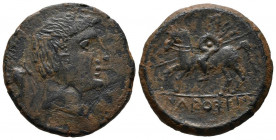 ICALCUSCEN (Iniesta, Cuenca). As. (Ae. 10,12g/27mm). 120-20 a.C. Anv: Cabeza masculina a derecha, detrás delfín. Rev: Jinete con lanza y escudo a izqu...