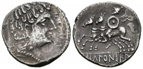 ICALCUNSCEN (Iniesta, Cuenca). Denario. (Ar. 3,77g/20mm). 120-20 a.C. (FAB-1402). Anv: Cabeza masculina a derecha. Rev: Jinete con rodela y clámide a ...