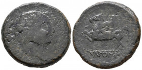 ICALCUNSCEN (Iniesta, Cuenca). As. (Ae. 25,77g/33mm). 120-20 a.C. (FAB-1405). Anv: Cabeza masculina a derecha. Rev: Jinete con lanza a izquierda, deba...