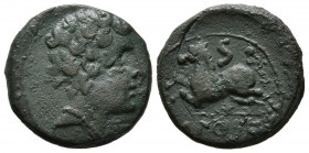 ICALCUNSCEN (Iniesta, Cuenca). Semis. (Ae. 3,93g/17mm). 120-20 a.C. (FAB-1419). Anv: Cabeza masculina a derecha. Rev: Caballo saltando a izquierda, en...