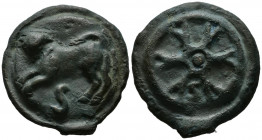 ACUÑACIONES ANONIMAS. Semis. (Ae. 86,89g/46mm). 230 a.C. Roma. (Crawford 24/4; Vecchi 67). Anv: Toro embistiendo a izquierda, debajo S. Rev: Rueda de ...