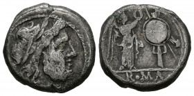 ACUÑACIONES ANONIMAS. Victoriato. (Ar. 3,39g/16mm). 211-208 a.C. Roma. (Crawford 53/1). Anv: Cabeza laureada de Júpiter a derecha. Rev: Victoria estan...