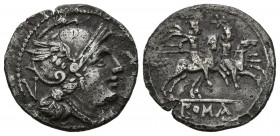 ACUÑACIONES ANONIMAS. Quinario. (Ar. 2,02g/16mm). 211-209 a.C. Roma. (Crawford 44/6). Anv: Cabeza de Roma a derecha, detrás V. Rev: Dioscuros sobre ca...