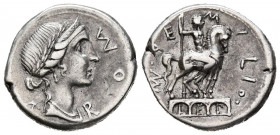 GENS AEMILIA. Denario. (Ar. 3,84g/19mm). 114-113 a.C. Roma. (FFC 103; Crawford 291/1). Anv: Cabeza laureada de Roma a derecha, detrás estrella, delant...