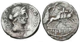 GENS ANNIA. Denario. (Ar. 3,85g/20mm). 82-81 a.C. Hispania. (FFC 138; Crawford 366/1a). Anv: Busto diademado de Anna Perenna a derecha, delante escala...