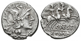 GENS ANTESTIA. Denario. (Ar. 3,63g/17mm). 146 a.C. Roma. (FFC 145; Crawford 219/1a). Anv: Cabeza de Roma a derecha, delante X, detrás perro. Rev: Los ...