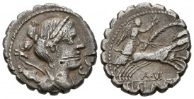 GENS CLAUDIA. Denario. (Ar. 3,79g/18mm). 79 a.C. Taller auxiliar de Roma. (Crawford 383/1a; FFC 566). Anv: Busto diademado de Diana a derecha con carc...