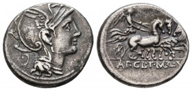 GENS CLAUDIA. Denario. (Ar. 3,92g/17mm). 110-109 a.C. Roma. (FFC 564; Crawford 299/1a). Anv: Cabeza de Roma a derecha, detrás objeto triangular. Rev: ...
