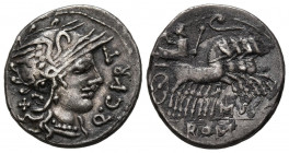GENS CURTIA. Denario. (Ar. 3,86g/20mm). 116-115 a.C. Norte de Italia. (Crawford 285/2; FFC 669). Anv: Cabeza de Roma a derecha, detrás X, delante leye...