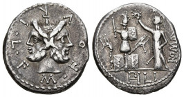GENS FURIA. Denario. (Ar. 3,74g/19mm). 119 a.C. Italia Central. (FFC 730; Crawford 281/1). Anv: Cabeza de Jano bifronte, alrededor leyenda: M FOVRI L ...
