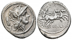 GENS JULIA. Denario. (Ar. 3,55g/21mm). 101 a.C. Roma. (Crawford 323/1; FFC 762). Anv: Cabeza de Roma a derecha, detrás espiga. Rev: Victoria conducien...