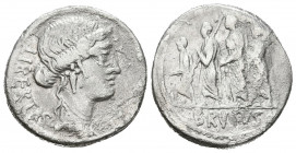 GENS JUNIA. Denario. (Ar. 3,52g/19mm). 54 a.C. Roma. (Crawford 433/1; FFC 794). Anv: Cabeza de Libertas a derecha, detrás leyenda: LIBERTAS. Rev: Brut...