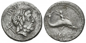 GENS LUCRECIA. Denario. (Ar. 3,34g/18mm). 76 a.C. Roma. (Crawford 390/2; FFC 824). Anv: Cabeza laureada de Neptuno a derecha, detrás tridente, encima ...