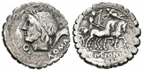 GENS MEMMIA. Denario. (Ar. 3,64g/19mm). 106 a.C. Roma. (FFC 907; Crawford 313/1b). Anv: Cabeza laureada de Saturno a izquierda, detrás guadaña, delant...