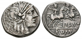 GENS PLUTIA. Denario. (Ar. 3,69g/17mm). 121 a.C. Taller auxiliar de Roma. (Crawford 278/1; FFC 1009). Anv: Cabeza de Roma a derecha, detrás: X. Rev: D...