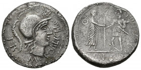 POMPEYO, el Grande. Denario. (Ar. 4,70g/19mm). 46-45 a.C. Hispania. (FFC 1; Crawford 469a). Anv: Cabeza de Palas a derecha, alrededor leyenda: M POBLI...