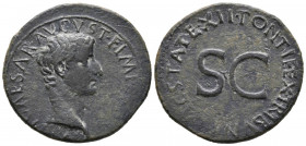 TIBERIO. As. (Ae. 9,50g/30mm). 10-11 d.C. Roma. (RIC 469). Anv: Cabeza de Tiberio a derecha, alrededor leyenda: TI CAESAR AVGVST F IMPERAT V. Rev: SC,...