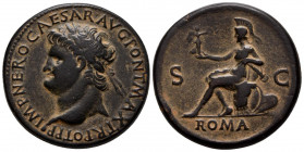 NERON. Sestercio. (Ae. 25,00g/32mm). 66 d.C. Lugdunum. (RIC 517). Anv: Cabeza laureada de Nerón a izquierda, alrededor leyenda: IMP NERO CAESAR AVG PO...