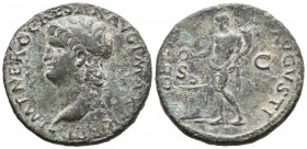NERON. As. (Ae. 10,37g/28mm). 66 d.C. Lugdunum. (RIC 534). Anv: Cabeza laureada de Nerón a izquierda, alrededor leyenda: IMP NERO CAESAR AVG P MAX TR ...