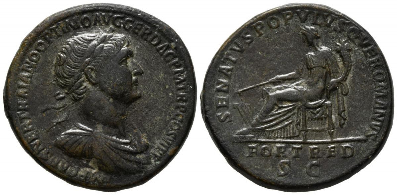 TRAJANO. Sestercio. (Ae. 20,18g/34mm). 114-117 d.C. Roma. (RIC 651). Anv: Busto ...