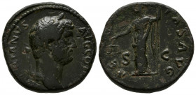 ADRIANO. As. (Ae. 12,68g/25mm). 134-138 d.C. Roma. (RIC 795-var). Anv: HADRIANVS AVG COS II P P. Busto desnudo a derecha de Adriano. Rev: AEQVITAS AVG...