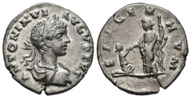 CARACALLA. Denario. (Ar. 3,40g/18mm). 199-201 d.C. Roma. (RIC 42c). Anv: Busto laureado y drapeado de Caracalla a derecha, alrededor leyenda: ANTONINV...