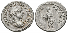 HELIOGABALO. Denario. (Ar. 3,18g/19mm). 219 d.C. Antioquía. (RIC 199). Anv: Busto drapeado y laureado de Heliogábalo a derecha, alrededor leyenda: IMP...