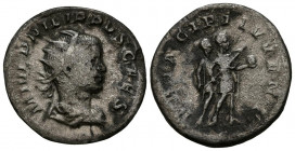 FILIPO II. Antoniniano. (Ve. 3,51g/22mm). 244-246 d.C. Roma. (RIC 217). Anv: Busto radiado y drapeado de Filipo II a derecha, alrededor leyenda: M IVL...