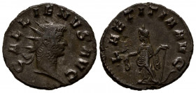 GALIENO. Antoniniano. (Ae. 3,14g/20mm). 262-263 d.C. Mediolanum. (RIC 489). Anv: Cabeza radiada de Galieno a derecha, alrededor leyenda: GALLIENVS AVG...