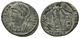 CONSTANTINO I. Follis. (Ae. 1,59g/17mm). 336 d.C. Arelate. (RIC 401). Anv: Busto con coraza lanza y escudo de Constantino I a izquierda, alrededor ley...
