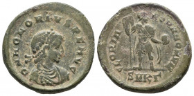 HONORIO. Follis. (Ae. 4,79g/21mm). 392-395 d.C. Cízico. (RIC 28c). Anv: Busto diademado, drapeado y con coraza de Honorio a derecha, alrededor leyenda...