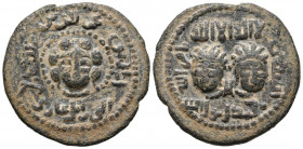 ARTUQIDS DE MARDIN, Il-Ghazi II (1176-1184). Dirham. (Ae. 12,49g/32mm). 57(7)H. (Album 1828.2, SS.32.1). Dos bustos drapeados de frente. MBC+. Bonita ...