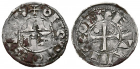 VIZCONDADO DE BEARN, a nombre de Centul (1150-1240). Dinero.(Ve. 0,91g/18mm). Morlá. (Cru.V.S. 166). Anv: M, P y cruz dentro de orla de puntos, alrede...