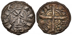 ALFONSO II (1164-1196). Dinero (Ve. 0,94g/20mm). S/D. Barcelona. (Cru. V.S. 296). Anv: Cruz sobre palo entre anillos, alrededor leyenda: BARQINO. Rev:...