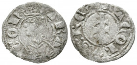 JAIME II (1297-1327). Dinero. (Ve. 0,87g/18mm). Aragón. (Cru.V.S 364). Anv: Busto coronado de Jaime II a izquierda dentro de grafila, alrededor leyend...