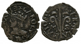 CARLOS I (1516-1556). Diner (Ae. 0,61g/15mm). S/D. Valencia. (Cal-2019-19). Anverso sin marcas y M-S en reverso. MBC.
