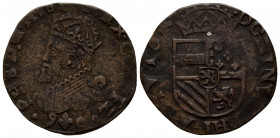 FELIPE II (1556-1598). 1 Liard (Ae. 4,90g/24mm). Brujas. 1590. Liard de los Estados (Vicenti-589). BC+.