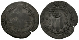 FELIPE II (1556-1598). 2 Sous o Sueldos (Ve. 3,00g/23mm). 1598. Perpiñán (Condado del Rosellón). Resello con la cabeza de San Juan en Reverso. (DM-54)...