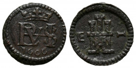 FELIPE III (1598-1621). 1 Maravedí (Ae. 0,83g/14mm). 1606. Segovia. (Cal-2019-114). Acueducto vertical. MBC. Escasa.