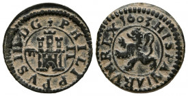 FELIPE III (1598-1621). 2 Maravedís (Ae. 1,67g/16mm). 1603. Segovia. (Cal-2019-189). Acueducto horizontal. MBC+.