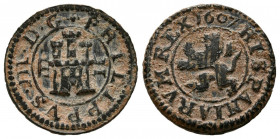 FELIPE III (1598-1621). 2 Maravedís (Ae. 1,67g/16mm). 1607. Segovia. (Cal-2019-192). Acueducto vertical. MBC.